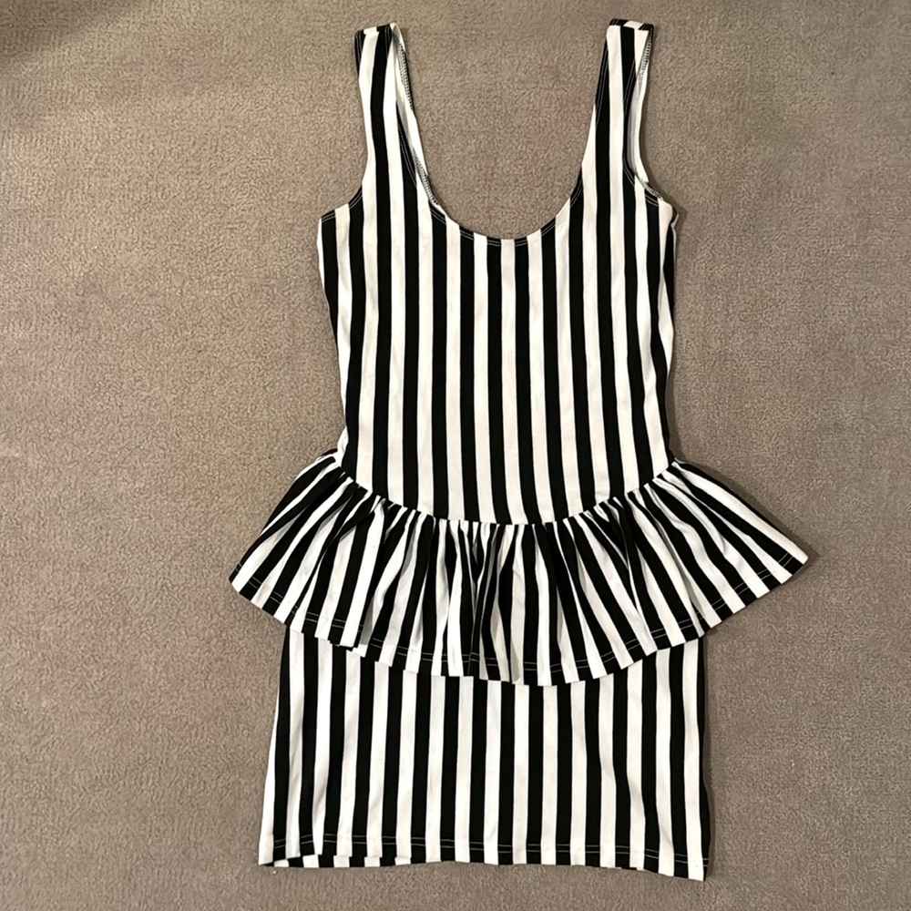 Black/white striped peplum mini dress